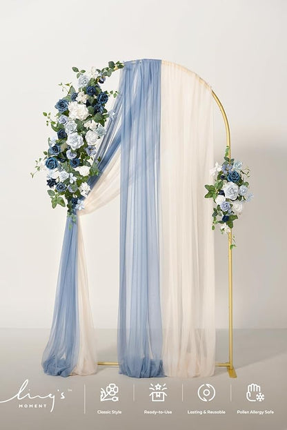Ling's moment Wedding Arch Backdrop Stand with Flowers - 7.2FT Metal Arch Frame with Drapes for Ceremony Decor - Artificial Floral for Birthday Party, Bridal Shower, Spring Outdoor, Dusty Blue Navy