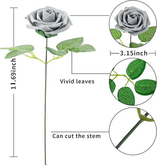 [25PCS] Grey Roses Artificial Flowers with Long Stem Real Touch Fake Foam Roses for Decoration DIY Wedding Bouquets Centerpieces Bridal Shower Mothers Day Party Flower Arrangements Home Decor