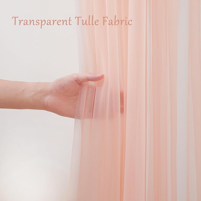 20×10ft Peach Tulle Backdrop Curtain with Lights String for Parties, Sheer Photo Curtain Backdrop Drapes for Wedding Party Photography Decorations