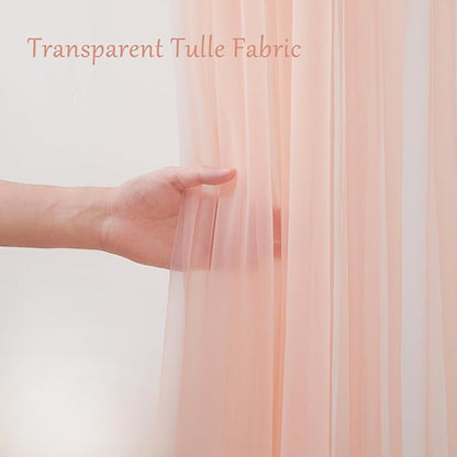 20×10ft Peach Tulle Backdrop Curtain with Lights String for Parties, Sheer Photo Curtain Backdrop Drapes for Wedding Party Photography Decorations