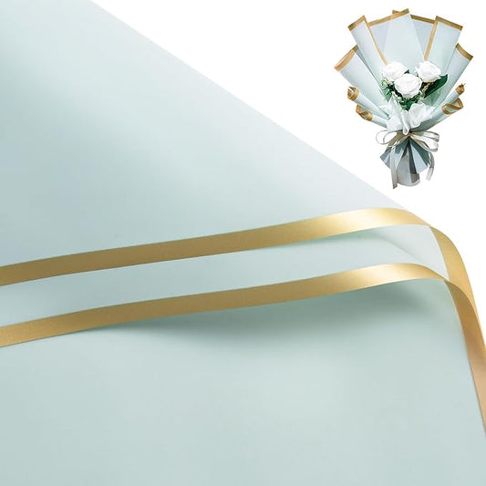 WRAPAHOLIC 20 Sheets Flower Wrapping Paper - 22.4 x 22.4 inch Gold Trim Light Blue Water-Resistant Floral Bouquet Wrapping Paper, Florist Supplies Packaging Paper for Wedding Birthday Gift DIY