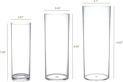KLIFA- Carlsbad- Set of 3 pcs, 7, 9 & 10 Inch Tall, Plastic Cylinder Vases for Centerpieces, Acrylic Flower Vase for Wedding Centerpieces, Home Decorations, Clear