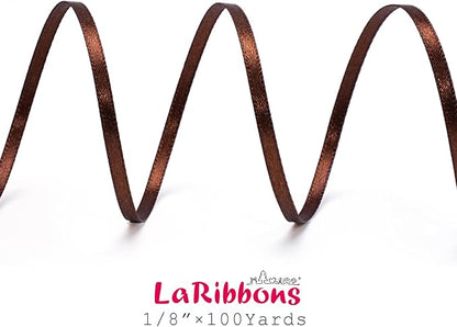 LaRibbons Brown Satin Ribbon 1/8 Inch 100 Yards Thin Luxury Double Faced Firar Brown Silk Ribbon for Flower Bouquet Crafts Gift Wrapping Wedding Christmas Decoration