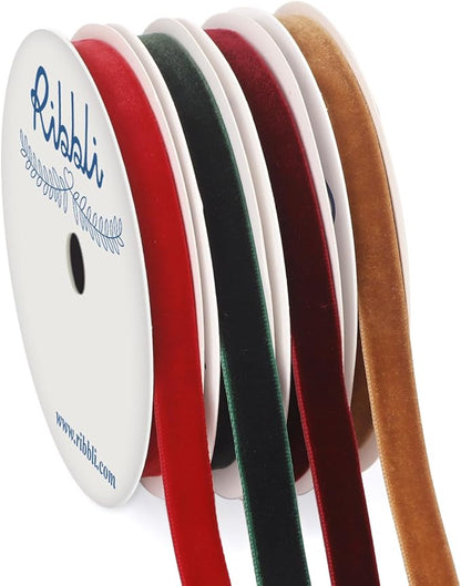 Ribbli 4 Rolls Velvet Ribbon, 3/8 Inches 5-Yard Each Roll, Christmas Ribbon for Gift Wrapping, Christmas Tree Decoration, Home Decor-Red/Green/Burgundy/Khaki