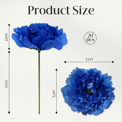 20pcs 5" Artificial Flower Peonies, Silk Peonies with 6" Stems, Flowers Suitable for Wedding Bouquets, Home Party Decoration (Dark Blue)