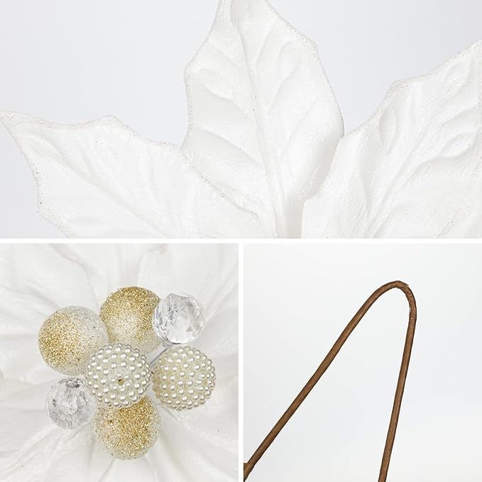 Hollyone 3PCS Poinsettia Christmas Flowers Artificial 11" Large White Glitter Poinsettia Flowers Christmas Tree Ornaments Floral Picks for Tree Wreath Garland Vase Table Centerpiece Home Deco