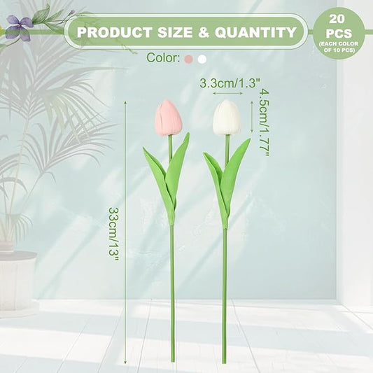 uxcell 20pcs Tulips Artificial Flowers, Faux Flowers Silk Fake Tulip Stems Real Touch for Wedding Bouquet Centerpiece Table Party Decoration(Candy Pink, Pure White)