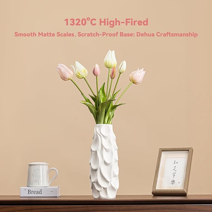 Scalloped Scale Vase - White Matte Ceramic with Textured Sculptural Design, 10.5" Unique Flower Vase for Pampas Grass/Centerpieces,Decorative Boho Vase for Living Room/Office,Ideal Gift for Art Lovers