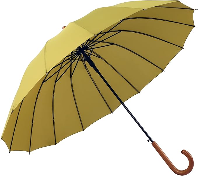 SoulRain 16 Ribs 48" Stick Umbrella Auto Open Solid Color Fashionable and Simple，Arc Classic Wood Handle，Windproof Unbreakable Stick Rain Umbrella