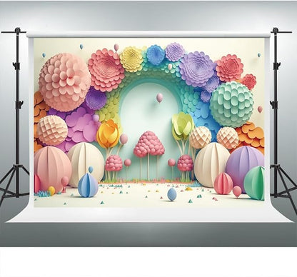 YongFoto Paper Flowers Backdrop 10x7ft Colorful Cut Paper Floral Blossom Rainbow Arch Hot Air Balloon Honeycomb Ball Photography Background Lovely Party Banner Home Decor Photo Studio Booth Props