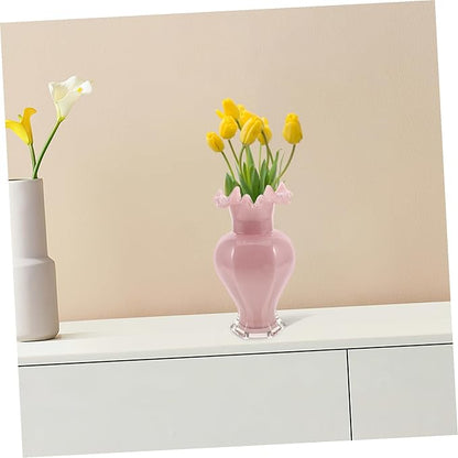 Pearlescent Pink Handblown Glass Vase with Artistic Curved Rim Unique Decorative Flower Display for Home Decor Living Centerpiece Wedding Table Accent