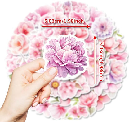 Watercolor Flowers Stickers for Teens Boy Girls|50 Pcs|Pink Vinyl Waterproof Stickers for Laptop Computer Phone Tablet Luggage Flasks Notebook Water Bottle Scrapbook,Cartoon Decals Pack(Flowers)
