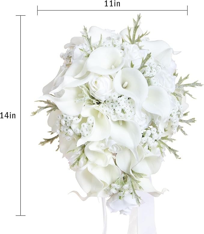 Bride Bouquets for Wedding,11 Inch White Calla Lily Cascading Bridal Bouquet Silk Flowers for Ceremony Anniversary Wedding Bridal Shower(Natural Whites)