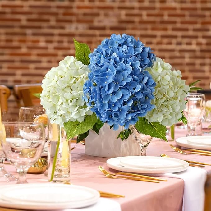 Savoy Blue Boho Artificial Hydrangeas Flowers, 4Pcs 20" Real Touch Lifelike Silk Artificial Hydrangeas, Full Fake Flowers for Bouquets Table Centerpieces Spring Wedding Indoor Home