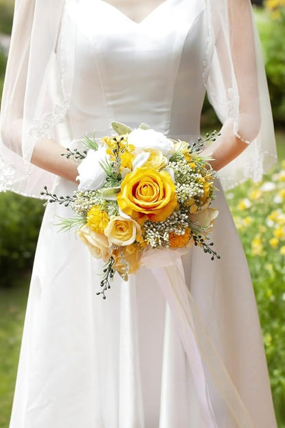 Yellow & White Wedding Bouquets for Bride Bridesmaids, Bridal Bouquet for Wedding Silk Artificial Flowers