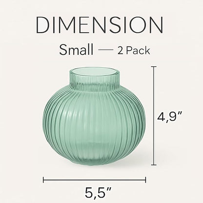 Round Glass Vases, Set of 2 Small Vases for Flowers, Green Glass Vase for Tulips, Modern Vase for Living Room, Office, Coffee Table, Shelf, Wedding, 5 Inches