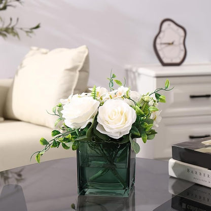 Square Glass Vases Set of 9, 5" x 5" x 5" Green Flower Vases for Centerpieces, Square Vase for Flowers, Small Vase for Wedding, Party, Home Office Decoration