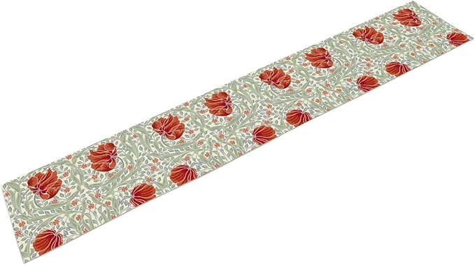 William Morris Table Runner, Retro Red Flowers Green Botanical Country Farmhouse Tabletop Decoration for Kitchen Dining Home Party 13x108 Inch