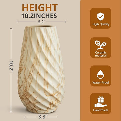 10 inch Tall Ribbed Ceramic Vase for Flowers,Boho Vases for Pampas Grass,Fluted vase,Simple Modern Decorative Vase for Home Decor Table Centerpieces (Pink Stripe)