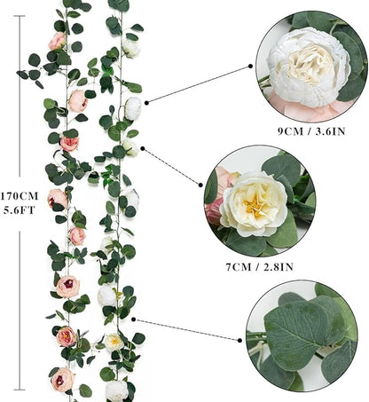 Floweroyal 2 Pack Artificial Flower Garlands 11.2FT Eucalyptus Garlands with Flowers 8 Head Peony Flower Vine Faux Floral Garland for Wedding Arch Table Wall Backdrop Wreath Decoration. (Pink & White)