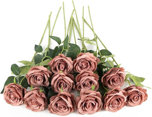 Laelfe Artificial Flowers Dusty Pink Roses Fake Silk Flower Long Stem Artificial Roses for Home Wendding Bathroom Party Decorations