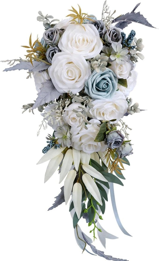 Bridal Bouquets for Bride, Champagne Grey Blue Wedding Bouquet for Bride Artificial Flowers Cascading Bridal Bouquets for Wedding Ceremony and Anniversary Bridal Shower Home Decoration