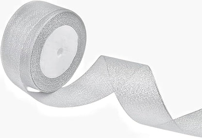 1.5 inch 25 Yards Silver Metallic Glitter Ribbon Gift Wrap Ribbon for Gift Wrapping Bouquet Crafts Christmas Wedding Party Decoration