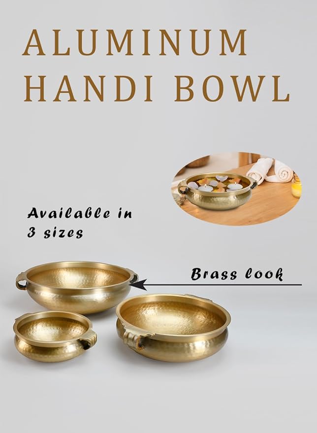 Serene Spaces Living Gold Handi Bowl: Hammered Texture, Decor for Living Rooms, Entryways, Restaurants, Indian Wedding. Table Centerpiece in Aluminum or Brass, Aluminum, 3" Tall & 8.25" Dia
