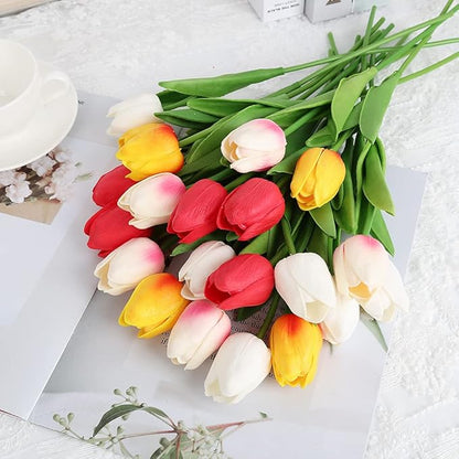 IPOPU 24PCS White Tulips Artificial Flowers Real Touch White Fake Tulips White Flowers Artificial for Decorations Centerpieces for Table Home Decor Indoor Flower Arrangements Artificial