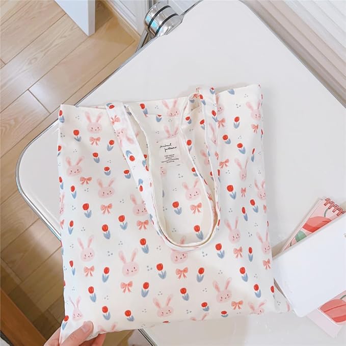 Cotton Canvas Tote Bag Reusable Soft Grocery Cloth Bag Floral Shoulder Bag for Beach Travel Shopping