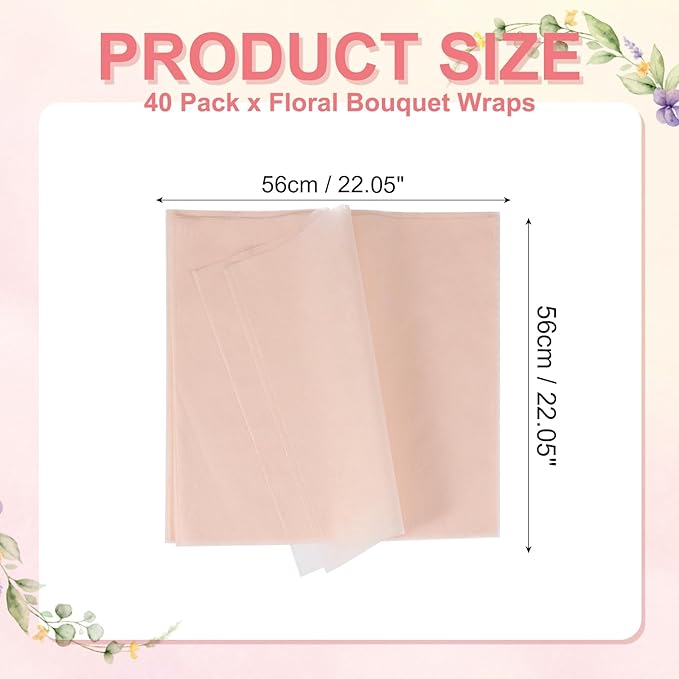 YELARXI Flower Wrapping Paper, Cotton Wrapping Flower Paper, Non-Woven Waterproof Floral Bouquet Wraps - Fitting for (Florist Supplies/Gift) 22 x 22 Inch & 40 Pack & Light Pink