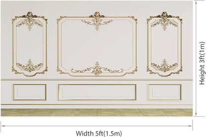 AOFOTO Vintage Room Inside Backdrop Modern French Classic Frame White Walls Gold Embossed Floral Photo Background Wedding Bridal Shower Reception Drama Portrait Photoshoot Backdrop Props 5x3ft