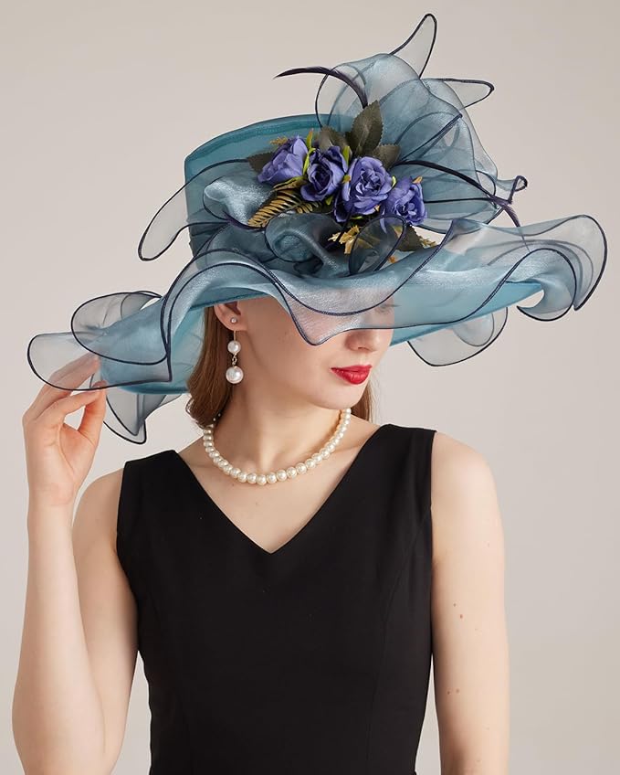 Organza Derby Hats for Women Wide Brim Fascinator Hat Rose Flower Wedding Tea Party Hat