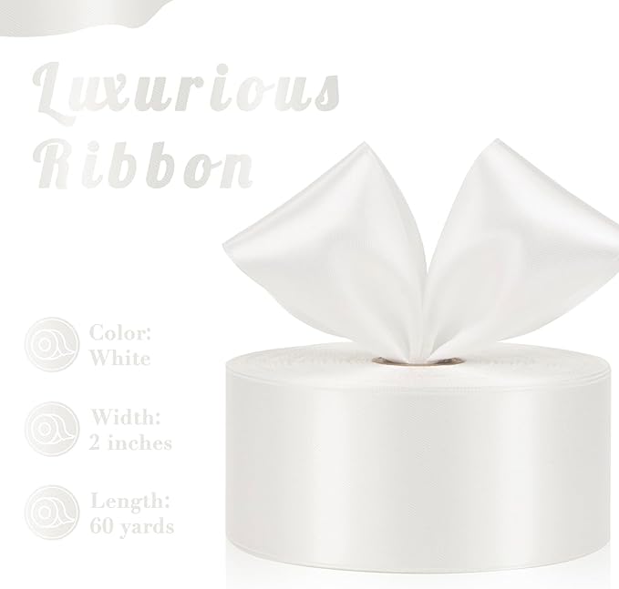 White Satin Ribbon 2 Inch 60 Yards, Versatile Solid Polyester Ribbon for Flower Bouquet, Wedding, Crafts, Gift Wrapping, Baby Shower, DIY Bows and Outdoor Decor