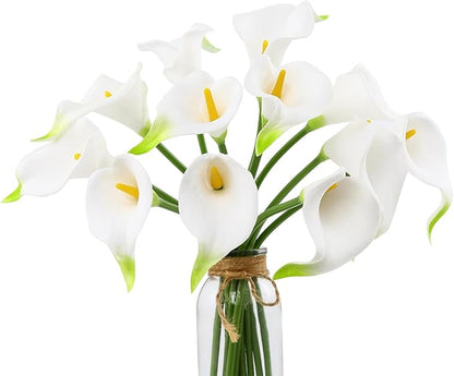 DuHouse 12Pcs Artificial Calla Lily Flower Real Touch Latex Flowers for DIY Wedding Bouquet Party Home Decor(White-Yellow Core)