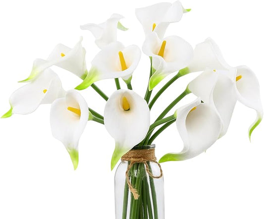 DuHouse 12Pcs Artificial Calla Lily Flower Real Touch Latex Flowers for DIY Wedding Bouquet Party Home Decor(White-Yellow Core)