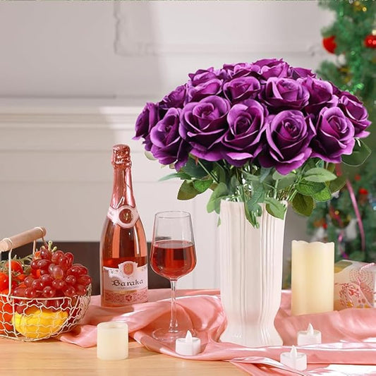 Artificial Rose Flower Artificial Flowers Flower with Long Stem Silk Roses Bouquet for Wedding Bridal Shower Party Home Decoration (Plum, 12 Pcs)