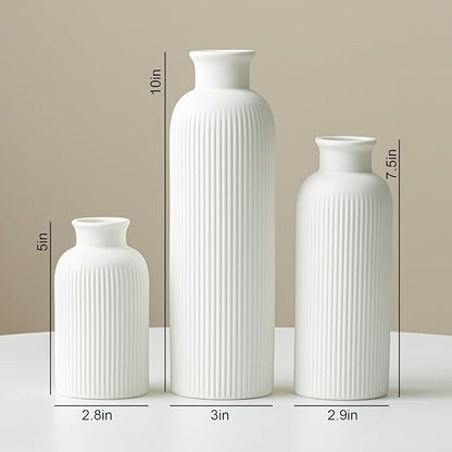 Modern Ceramic Vase Set, White Ribbed Matte Design, 3-Piece Decorative Vases for Home, Living Room, Office (White)