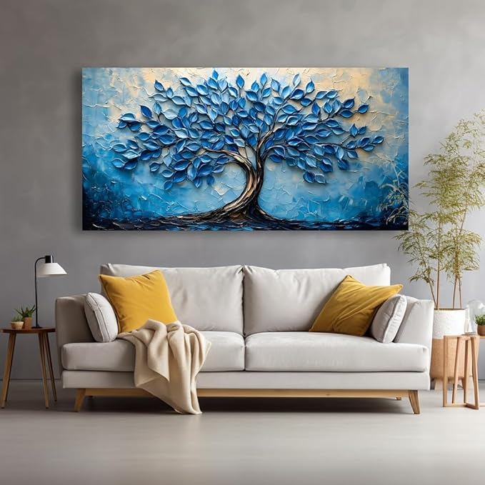 LAVIKARS Modern Tree of Life Wall Art for Living Room Office Navy Blue Abstract Oil Landscape Canvas Painting Prints Large Nature Artwork Home Kitchen Bedroom Decor (16x30 Inches)