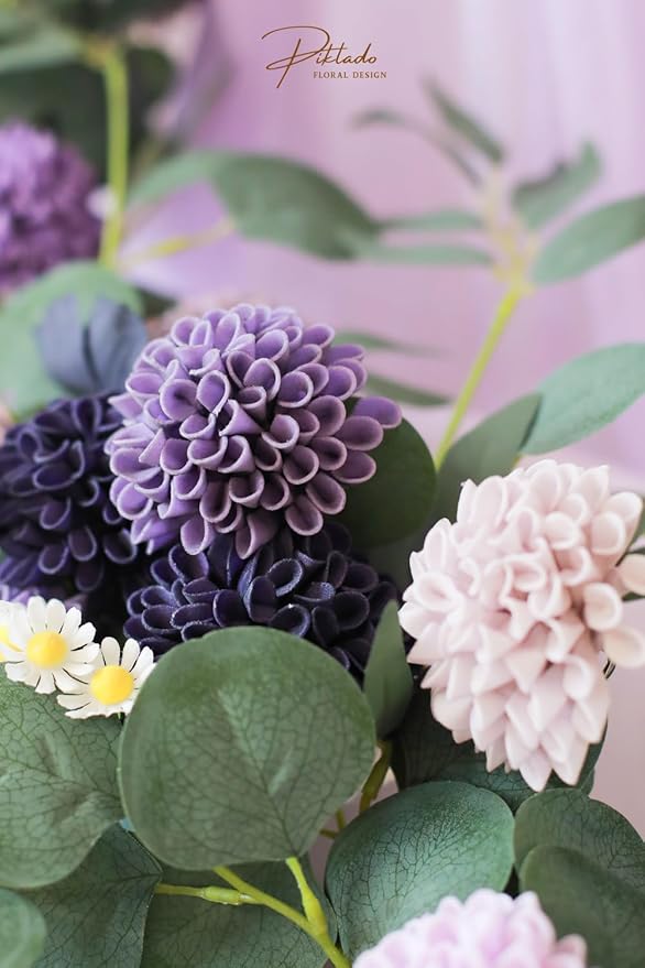 Artificial Wedding Dahlia Flowers 25 pcs Fake Roses with Stem for DIY Wedding Decor Centerpieces Arrangements Bouquets (Shades of Purple)