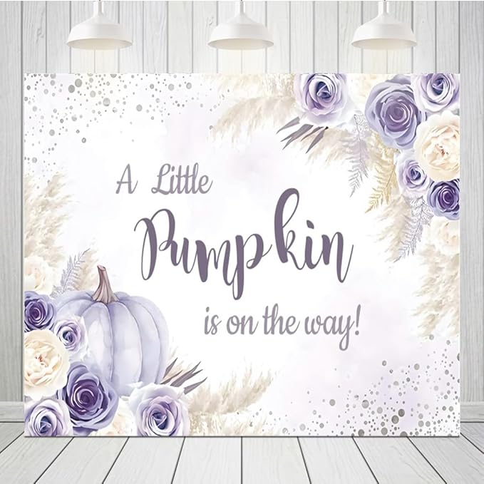 Little Pumpkin Baby Shower Backdrops 10x8ft, A Sweet Little Pumpkin is On The Way Purple Floral Photography Background, Baby Shower Baby Birthday Backdrop Decoration Banner