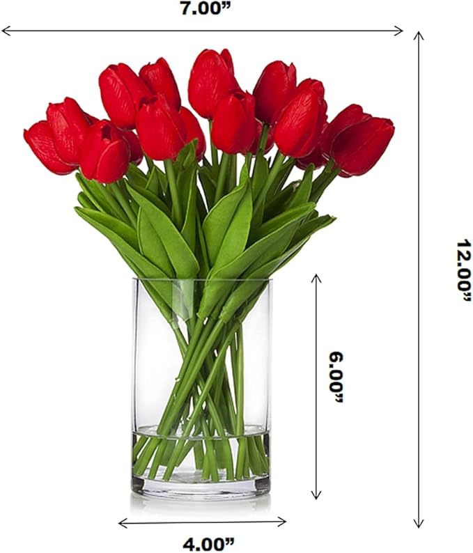 ENOVA FLORAL 20 Pieces Real Touch Artificial Tulips Flowers in Vase, Fake Red Tulips with Vase and Faux Water for Home Wedding Decoration, Dining Table (Red)
