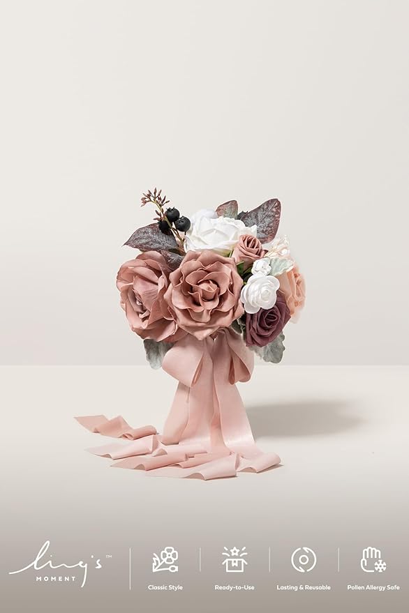 Ling's moment Wedding Artificial Flowers Package, Bridal Bouquet, Bridesmaid Bouquets, Boutonniere for Men, Rose Petals.Dusty Rose Muave