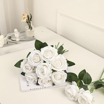 Jasion 12PCS Artificial Roses Realistic Velvet Silk Flowers Long Stem Faux Flowers Bouquet for Wedding Home Party Table Centerpieces Decorations (White)