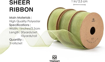 Vitalizart Sage Green Ribbon Organza Sheer Ribbon 1 inch x 30 Yd Handmade Fabric Ribbons for Gift Wrapping Christmas Tree Crafts Bows Wedding Invitations Wreaths Wrap