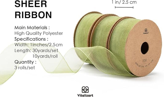 Vitalizart Sage Green Ribbon Organza Sheer Ribbon 1 inch x 30 Yd Handmade Fabric Ribbons for Gift Wrapping Christmas Tree Crafts Bows Wedding Invitations Wreaths Wrap