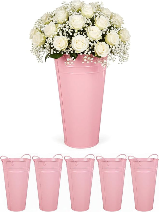 Flower Bucket for Flower Bar, 6 Pcs 10.2 Inch Metal Vases with Handles, Leak-Proof Pink French Buckets for Valentine's Day, Wedding Centerpieces, Baby Shower, Mother's Day, Farmhouse Rustic Home Decor