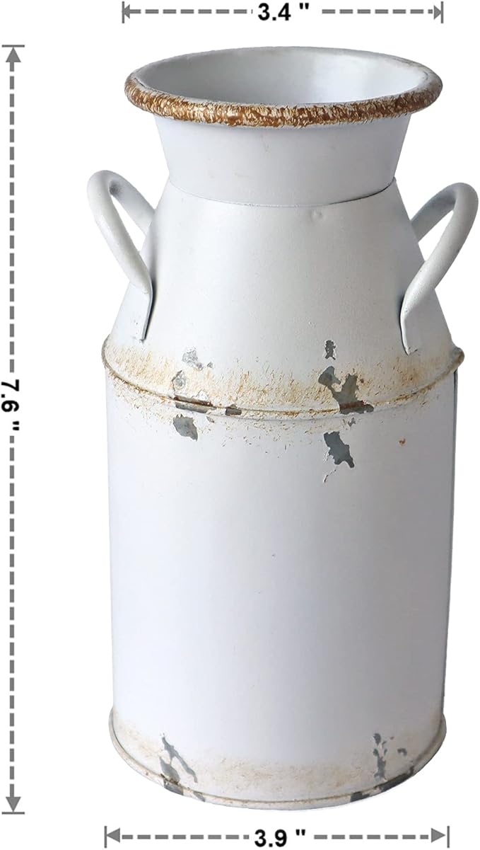 Galvanized Milk Can Antique Retro Vase Metal Planter Rustic Vintage Primitive Flower Holder Farmhouse Country Plant for Home Office Decor, 7.6”