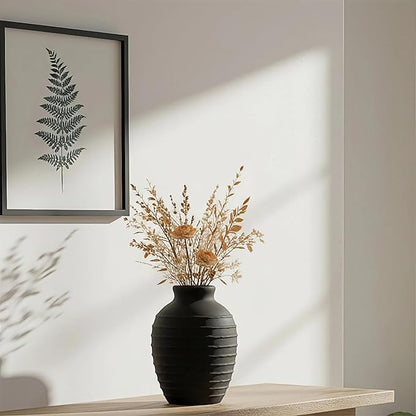 Ceramic Vase, 6.7 inch Ribbed Textured Minimalist Rustic Farmhouse Terracotta Vase for Home Decor, Table, Living Room, Entryway, Shelf, Mantel Decoration (Black)