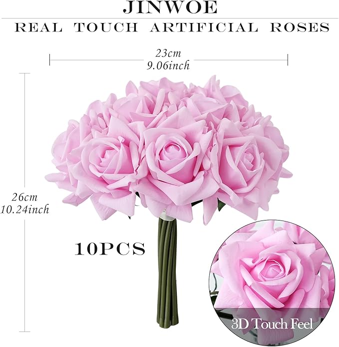10pcs Light Pink Real Touch Roses, Lifelike Full Bridal Bouquet Artificial Flowers for Flower Arrangement Home Spring Party Wedding Decoration